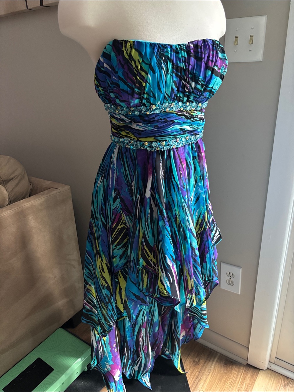 Morgan & Co. Strapless High-Low Dress in Teal, Purple & Black